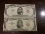 Two $5 1953-B Red Seal Notes