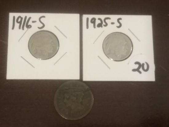 1916-S and 1925-S Buffalo Nickels and a 1851 Large Cent