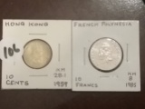 Hong Kong 1959 10 cents and French Polynesia 1985 10 Francs