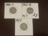 1919-S, 1913-D type 1, and 1917 Buffalo Nickels
