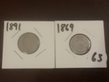 1869 Shield Nickel and 1891 