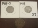 1918-S and 1918 Buffalo Nickels and a mystery Large Cent