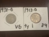 1938-D (Very Good) and 1913-D Type 1 (Fine) Buffalo Nickels