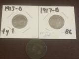 1913-D type 1 and 1917-D (nic-a-dated) Buffalo Nickels and 1826 Large Cent