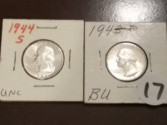 1944-S and 1943-D BU Washington Quarters