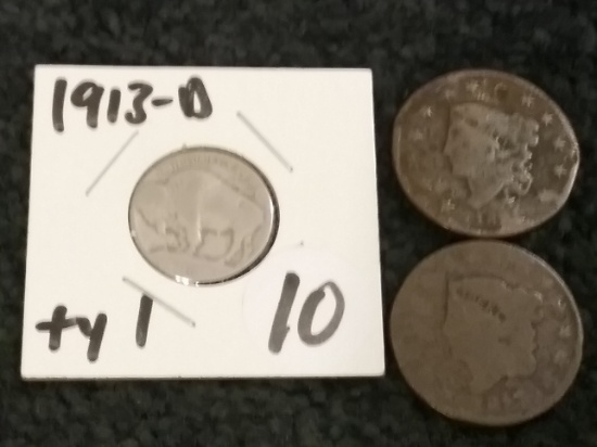 1913-D Type 1 Buffalo Nickel (Key date), and 1817 and 1821 Large Cents