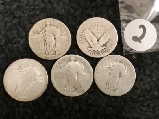 Five 1917 Variety 1 Standing Liberty Quarters