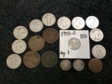 Group of nickels, dimes, large cents and quarters..18 coins with silver