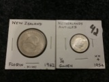 Netherlands Antilles 1954 1/4 gulden, New Zealand 1962 florin