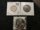 Mexico 1950 25 centavos, Morocco 1903 5 mazunos, and 1990 Isle of Man Crown