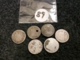 Six Seated Liberty Dimes- 1853 arrows, 1886, 1854 (holed), 1875, 1887, and ?
