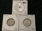 Laos 1952 50 cents, Italy 1909r 20 centesimi, Switzerland 1968B franc