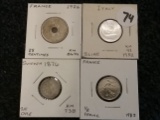 Italy 1952 5 lire, France 1926 25 centimes, Sweden 1876 25 ore, and France 1983 1/2 franc