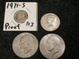 1971-S 5 cent Proof, 1968 silver half-dollar, 1976-D ty 2 Ike and 1974-D Ike Dollar
