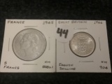 France 1945 5 francs and Great Britain 1966 shilling