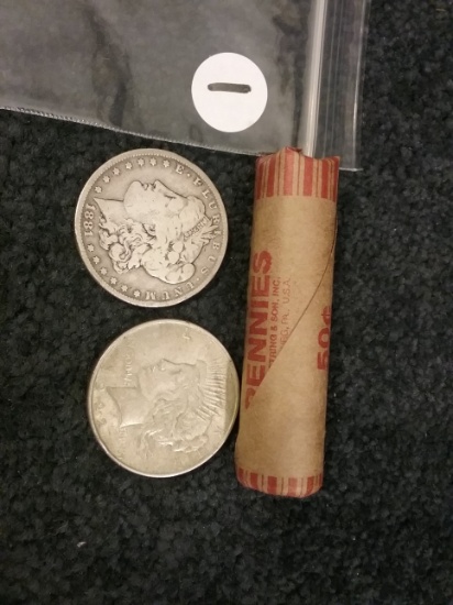 1881-O and 1922 Silver Dollars and one roll of wheat cents