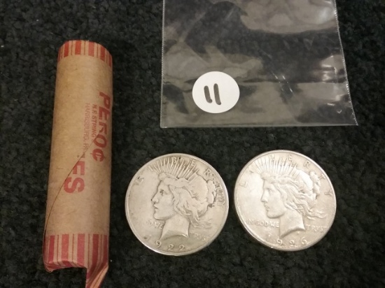 1926-S and 1922-S Silver Dollars, and a roll of wheat cents