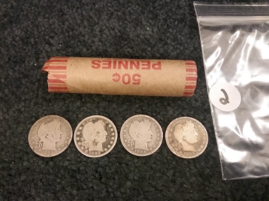 1 Roll Wheat cents, 1899, 1892, 1893, 1897 Barber Quarters