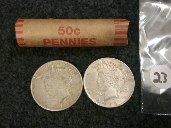 1922 and 1923-S Silver Dollars and a roll of wheat cents