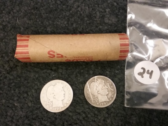 1901 and 1902-O Barber Quarters and a roll of wheaties