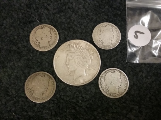 1922-D Dollar and 1899, 1899, 1898-O, and 1893 Barber Quarters