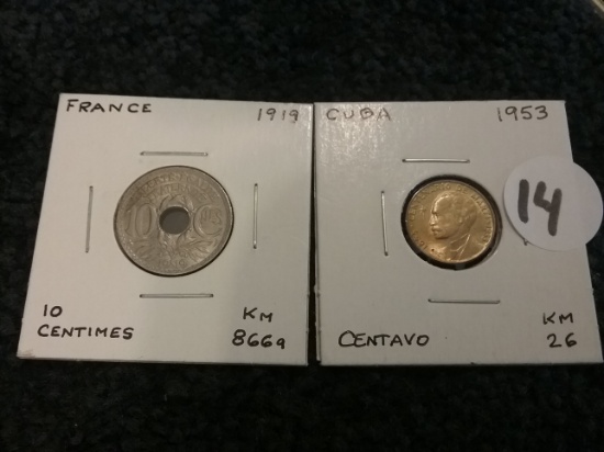 France 1919 10 centimes and a Cuba 1953 centavo