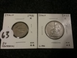 Italy 1921 R 20 centesimi and Italy 1921 R Lira