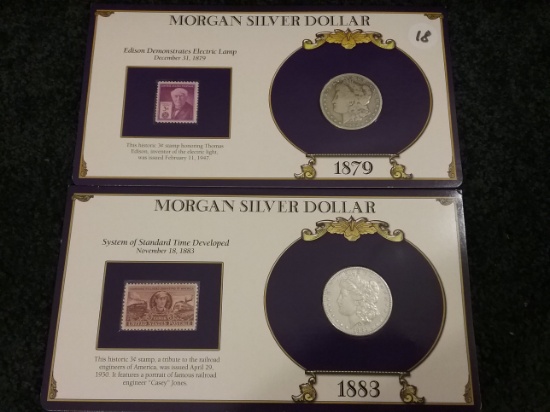 1879-O and 1883 Morgan Dollars with history cards