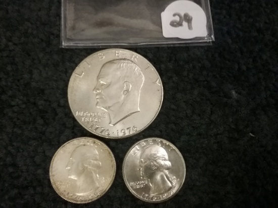Silver 1976-S Bi-Centennial Eisenhower Dollar and two Silver Bi-Centennial Quarters