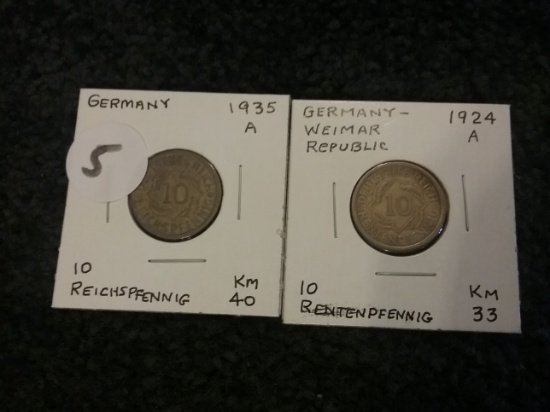 Germany 1935A 10 reichspfennig XF and 1924A 10 reichspfennig VF