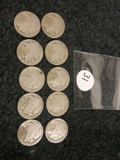 Ten (10) Semi-Key Buffalo Nickels