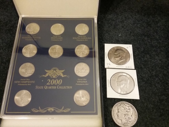 2000 State quarter set BU, 1976-D UNC Type 1 IKE, 1972-D UNC IKE, and 1881-S Morgan Dollar