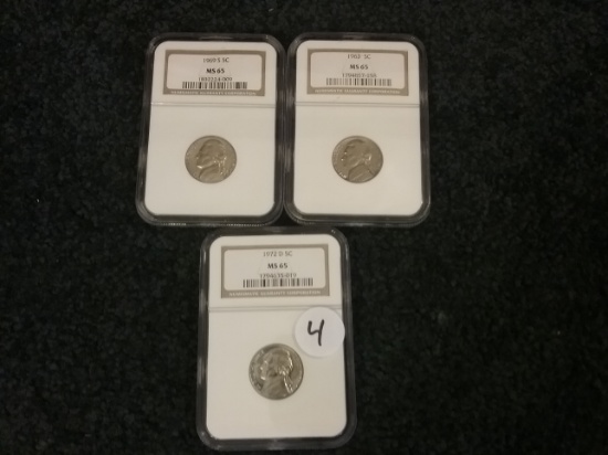 Three NGC graded Jefferson Nickels all in MS-65