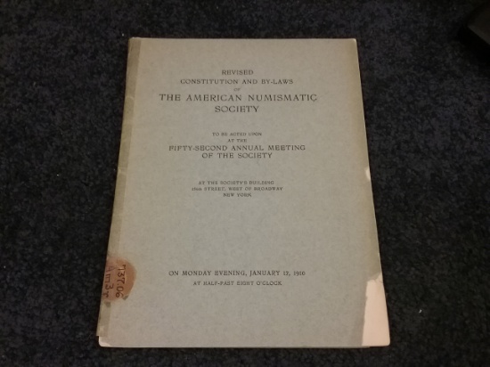 RARE Original American Numismatic Society Constitution and Bylaws 1910