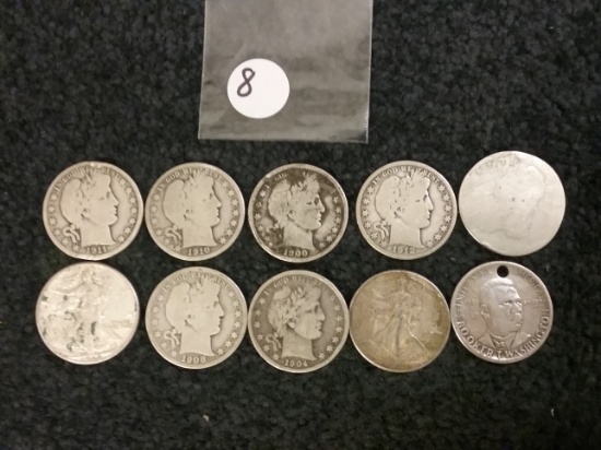 Ten (10) Half-Dollars (Barbers, Walking Libs, Capped Bust, Commem)