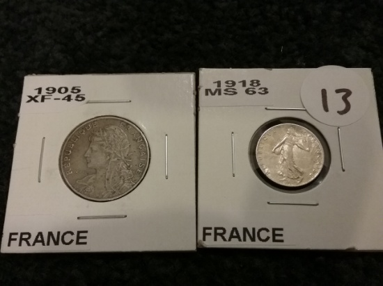 France 1905 25 centimes and 1908 50 centimes