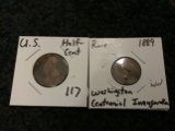 US Half cent and a rare Washington Inaugurual Centennial (1889) Medal holed