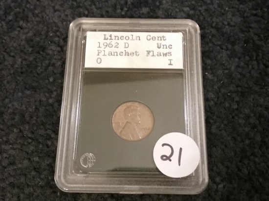 US MINT ERROR coin. 1962-D Lincoln cent with planchet flaws