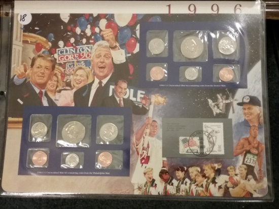 Three mint sets with history cards and uncirculated stamps