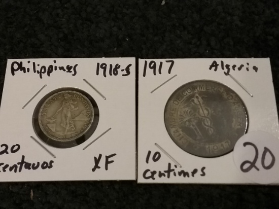 Philippines 1918-S 20 centavos in XF (a $55 coin) and a 1917 Algeria 10 centimes