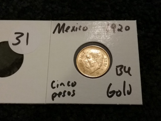 GOLD 1920 Mexico cinco pesos in brilliant uncirculated condition