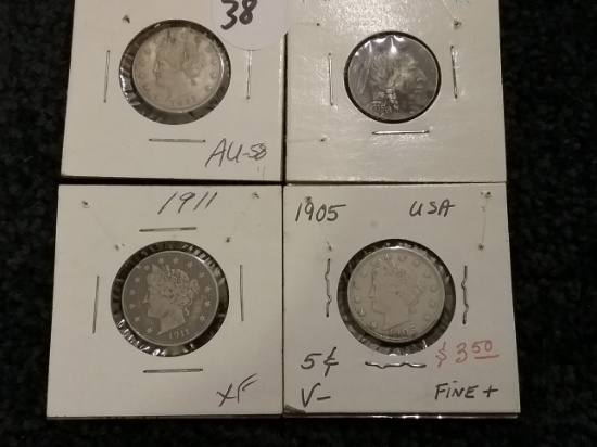 1935-S Buffalo Nickel in XF condition (dark), 1883 no cents "V" nickel in AU-58…