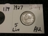 1927 Italy 5 Lire in About uncirculated condition