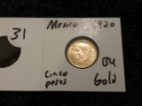 GOLD 1920 Mexico cinco pesos in brilliant uncirculated condition