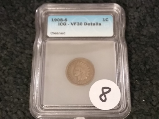 ICG KEY DATE 1908-S Indian Cent VF-30 Details