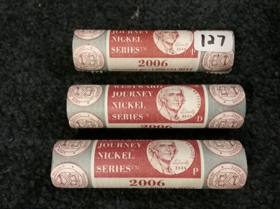 Three Brilliant Uncircullated Mint-Wrapped Jefferson Nickel rolls