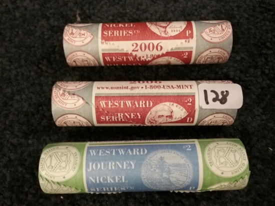Three Brilliant Uncircullated Mint-Wrapped Jefferson Nickel rolls