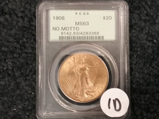 PCGS 1908 Saint Gaudens $20 no Motto MS-63