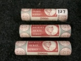 Three Brilliant Uncircullated Mint-Wrapped Jefferson Nickel rolls