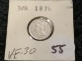 1876 Three cent Nickel in Very Fine 30